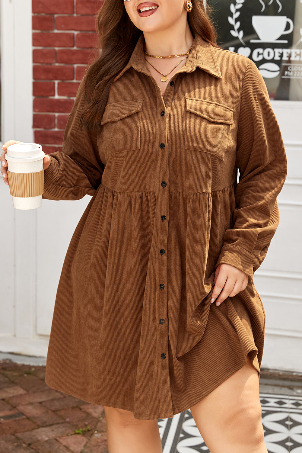 Soft Corduroy Full Buttoned Collared Shirt Dress Plus Size - eAura