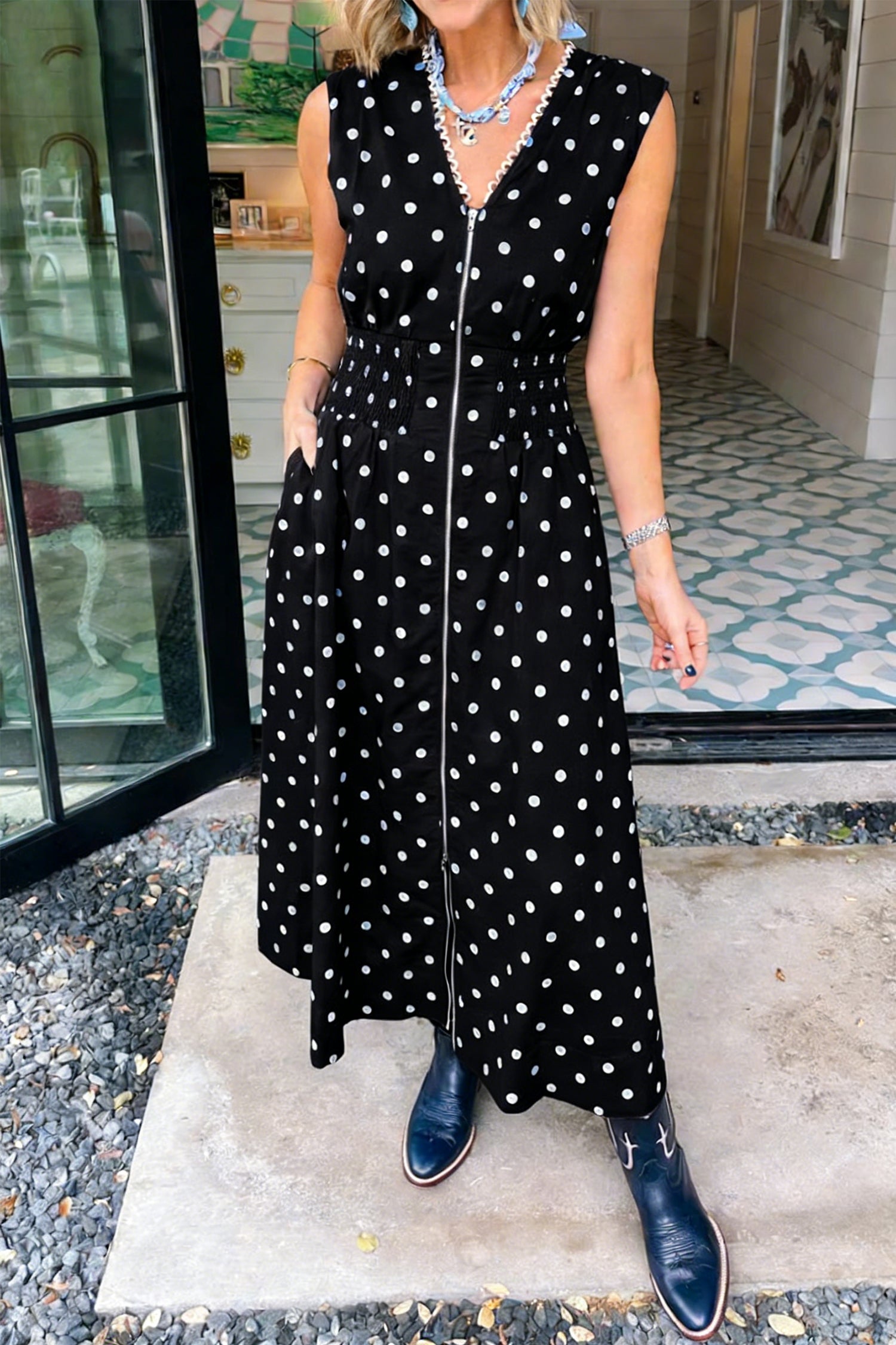 Polka Dot Print Contrast Trim V-Neck Zip-Up Sleeveless Dress