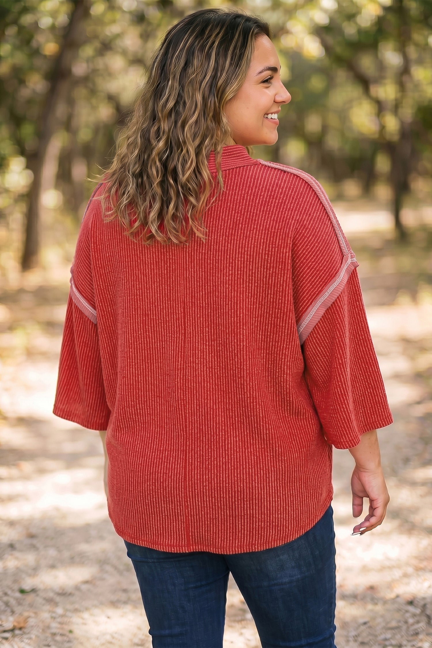 Twist Ribbed Tunic Round Neck Bracelet Sleeve Plus Size Blouse – Fiery Red