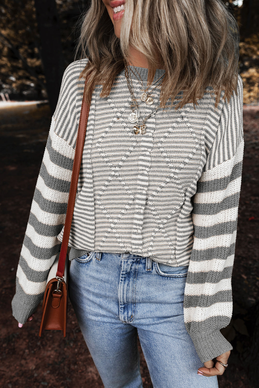 Red Stripe Geometric Textured Drop Shoulder Sweater eAura