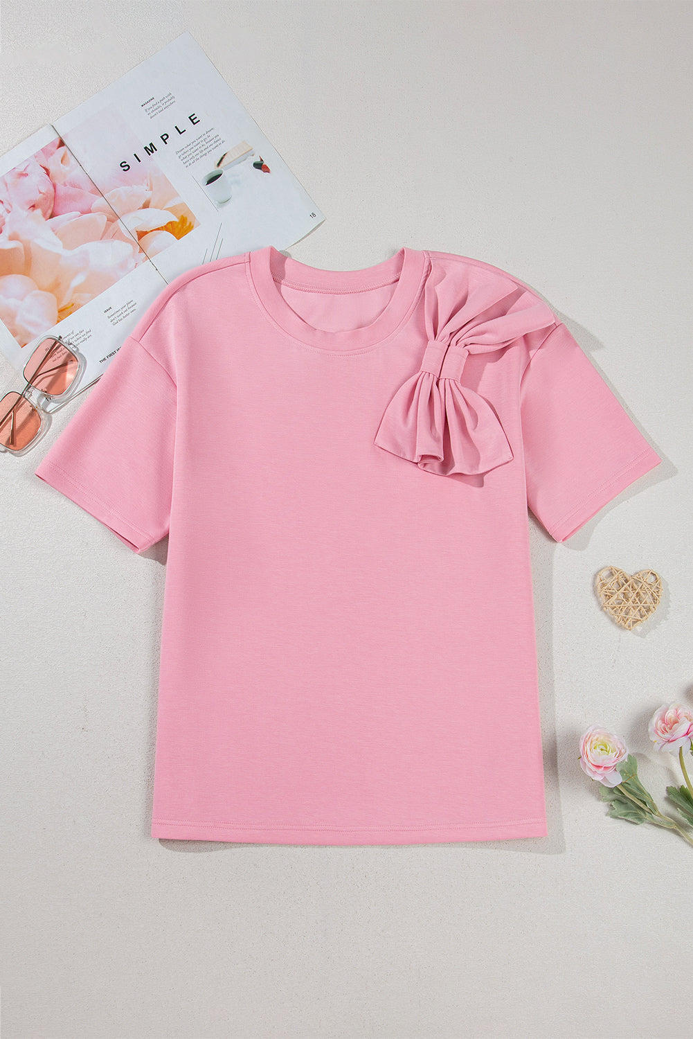 Pink Bow Applique Half Sleeve T-shirt - eAura