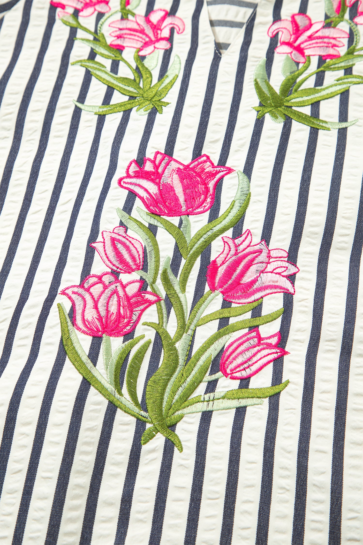 Stripe Floral Embroidered Detail V-Neck Short Sleeve Blouse