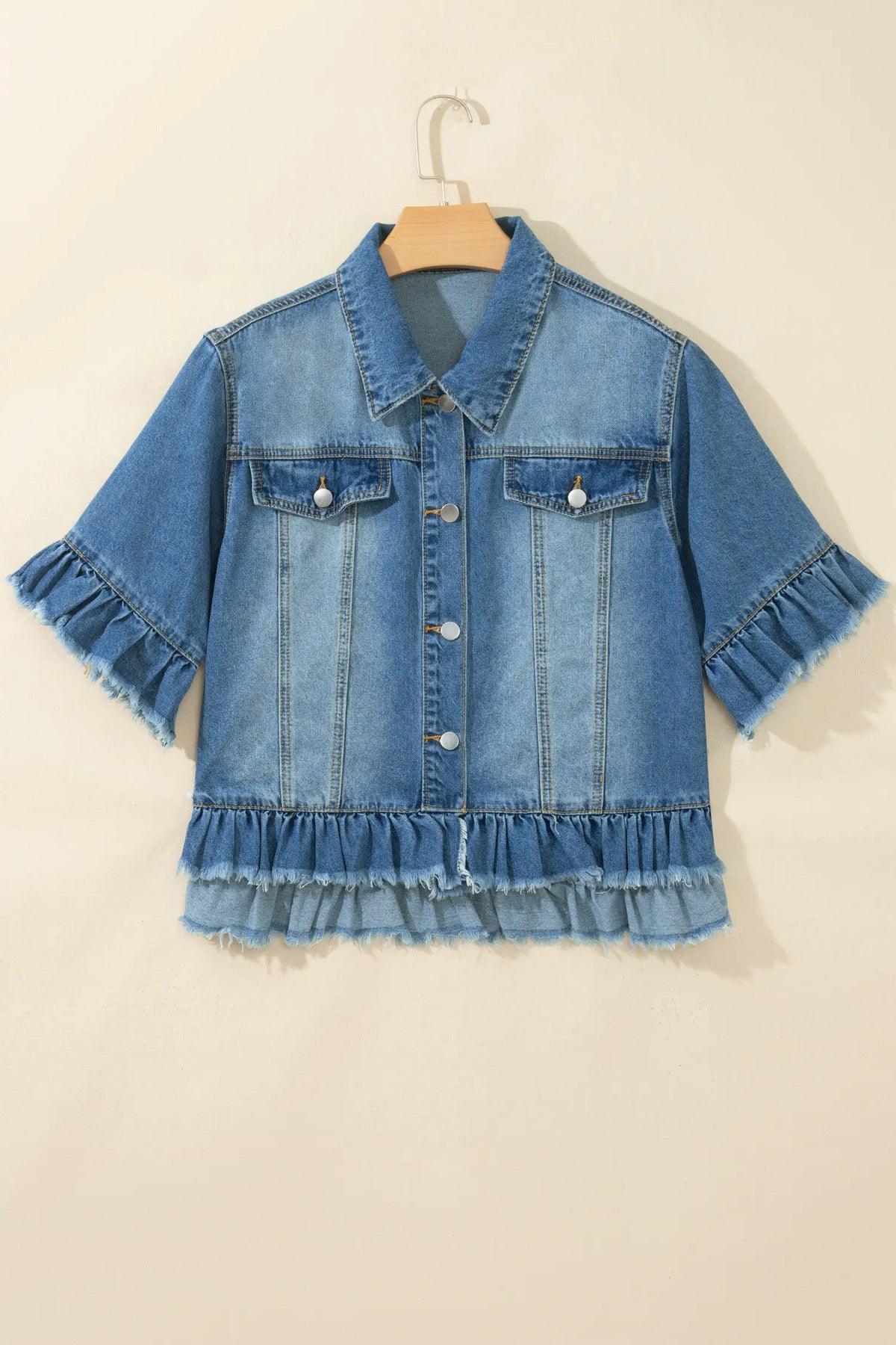 Ruffle Hem Raw Edge Half Sleeve Western Denim Jacket – Blue