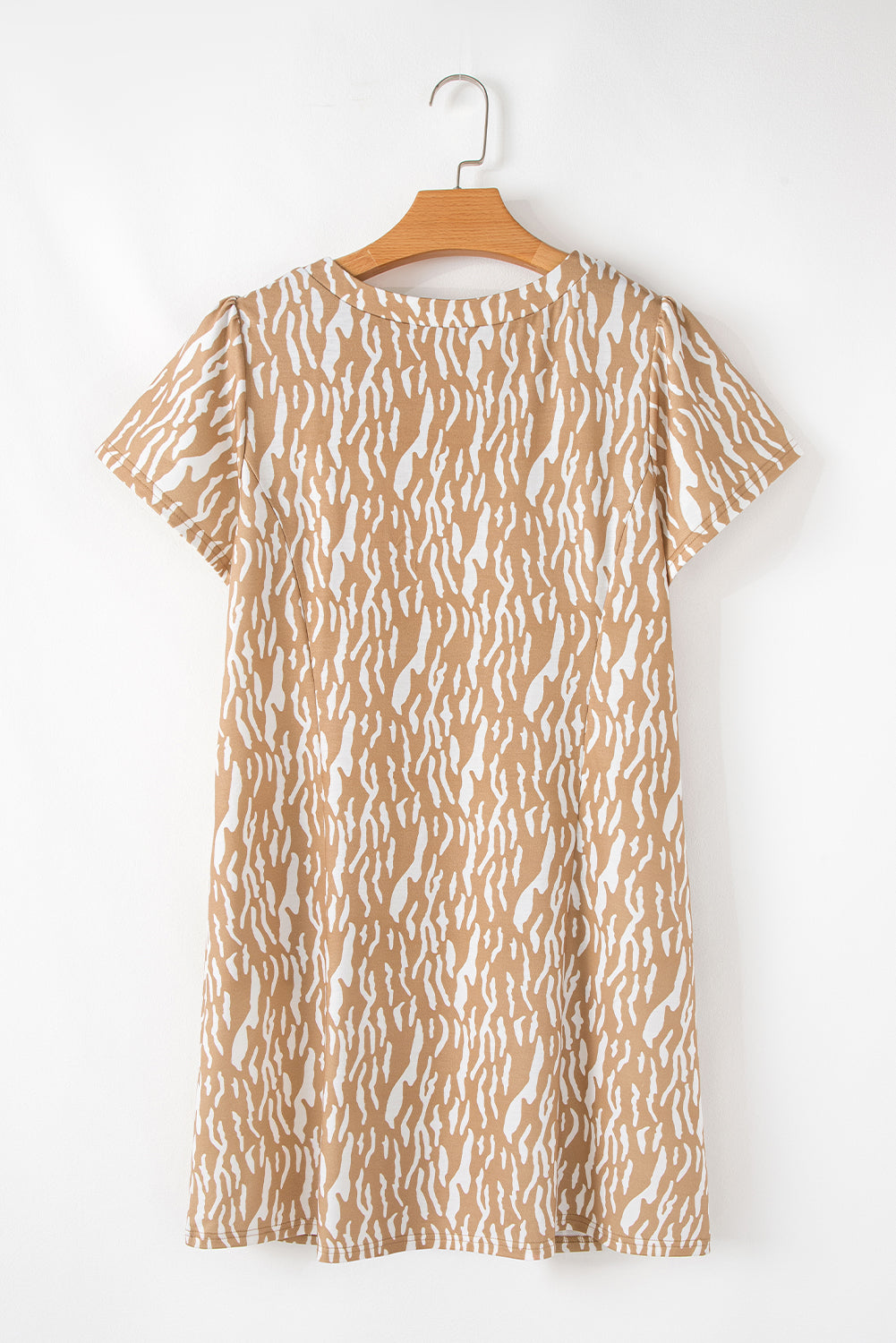 Khaki Abstract Print V Neck Short Sleeve Shift T Shirt Dress eAura