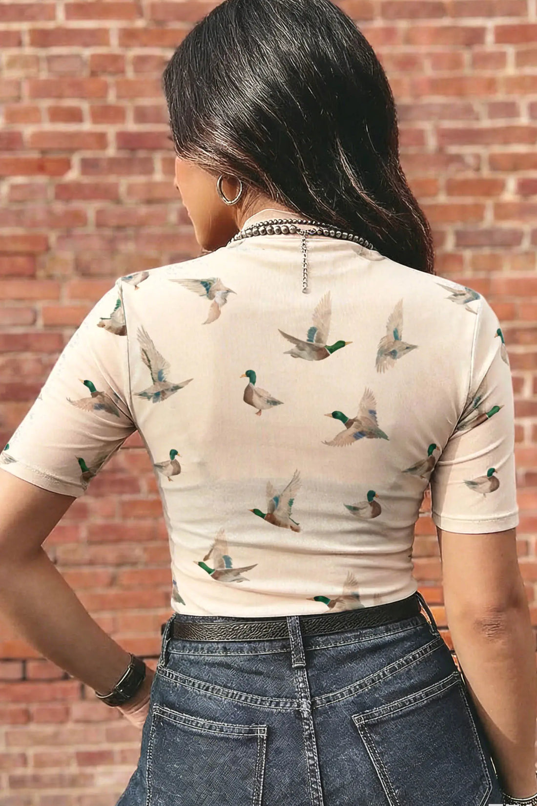 Beige Mallard Print Sheer Mesh Short Sleeve Top