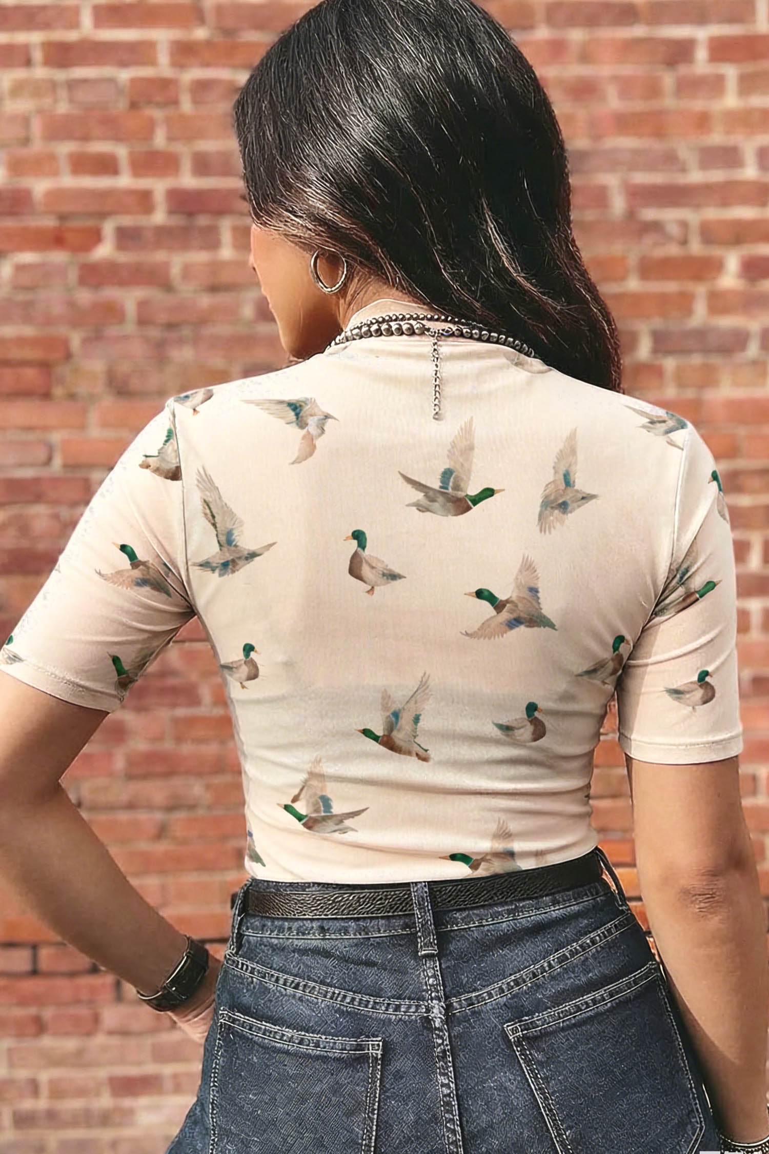 Beige Mallard Print Sheer Mesh Short Sleeve Top