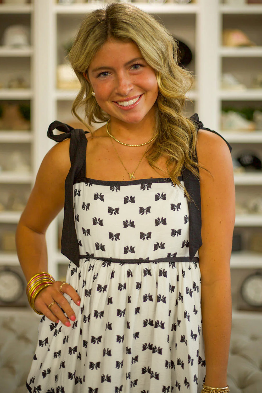 White Bow Knot Contrast Trim Tie Shoulder Mini Dress eAura