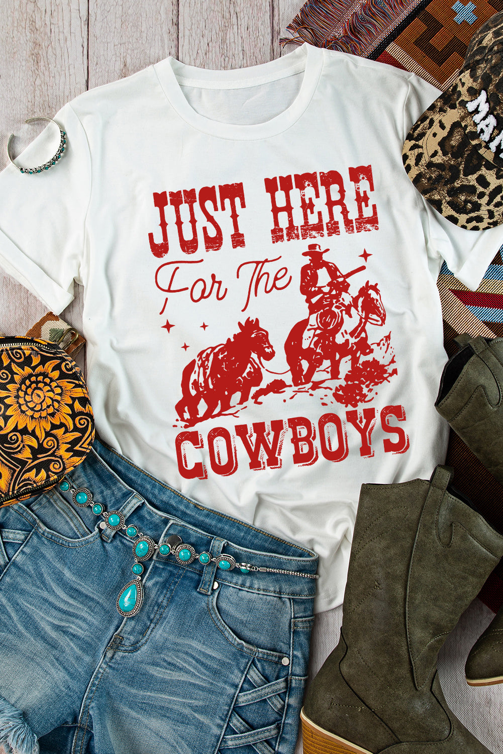 White JUST HERE For THE COWBOY Crew Neck T-Shirt
