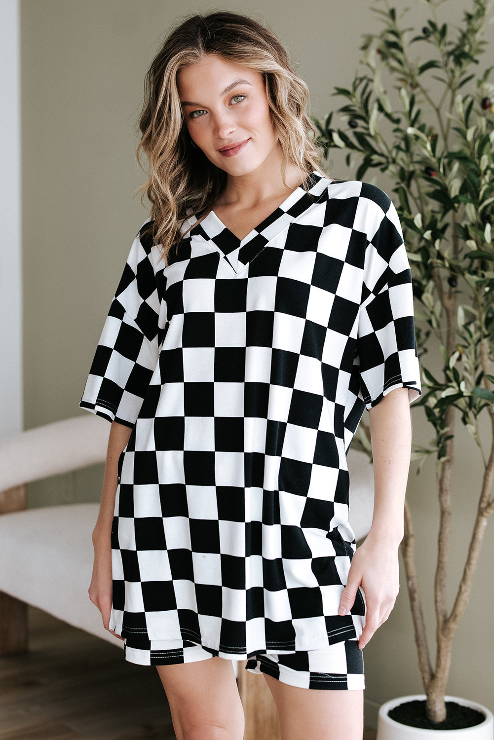 Checkerboard Print V Neck Loose Tee and Shorts Lounge Set eAura
