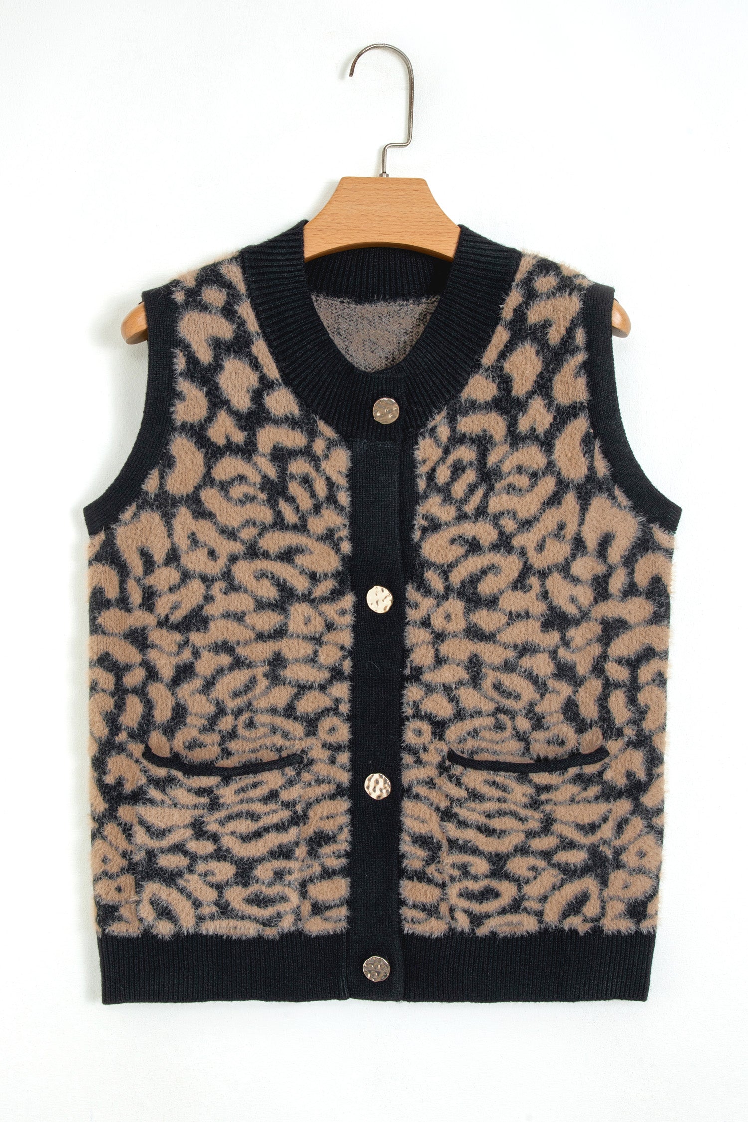 Leopard Print Knit Sleeveless Regular Wash Sweater Vest – Pink