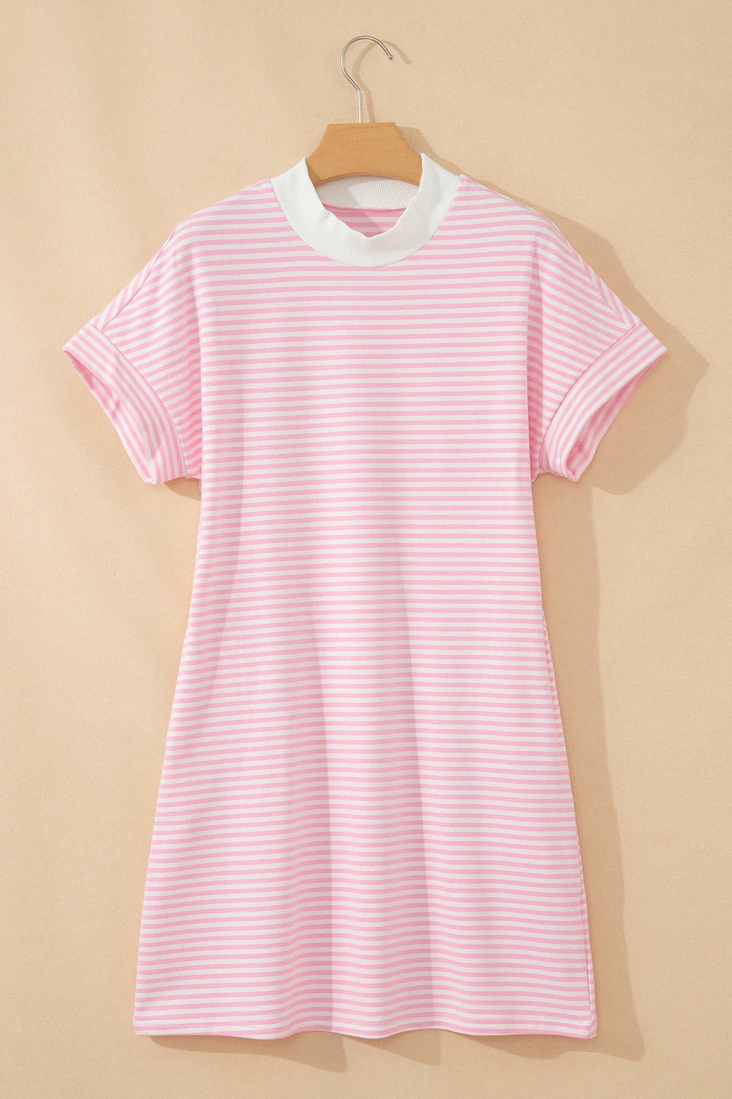Stripe Cuffed Short Sleeve Contrast Mock Neck Tee Dress