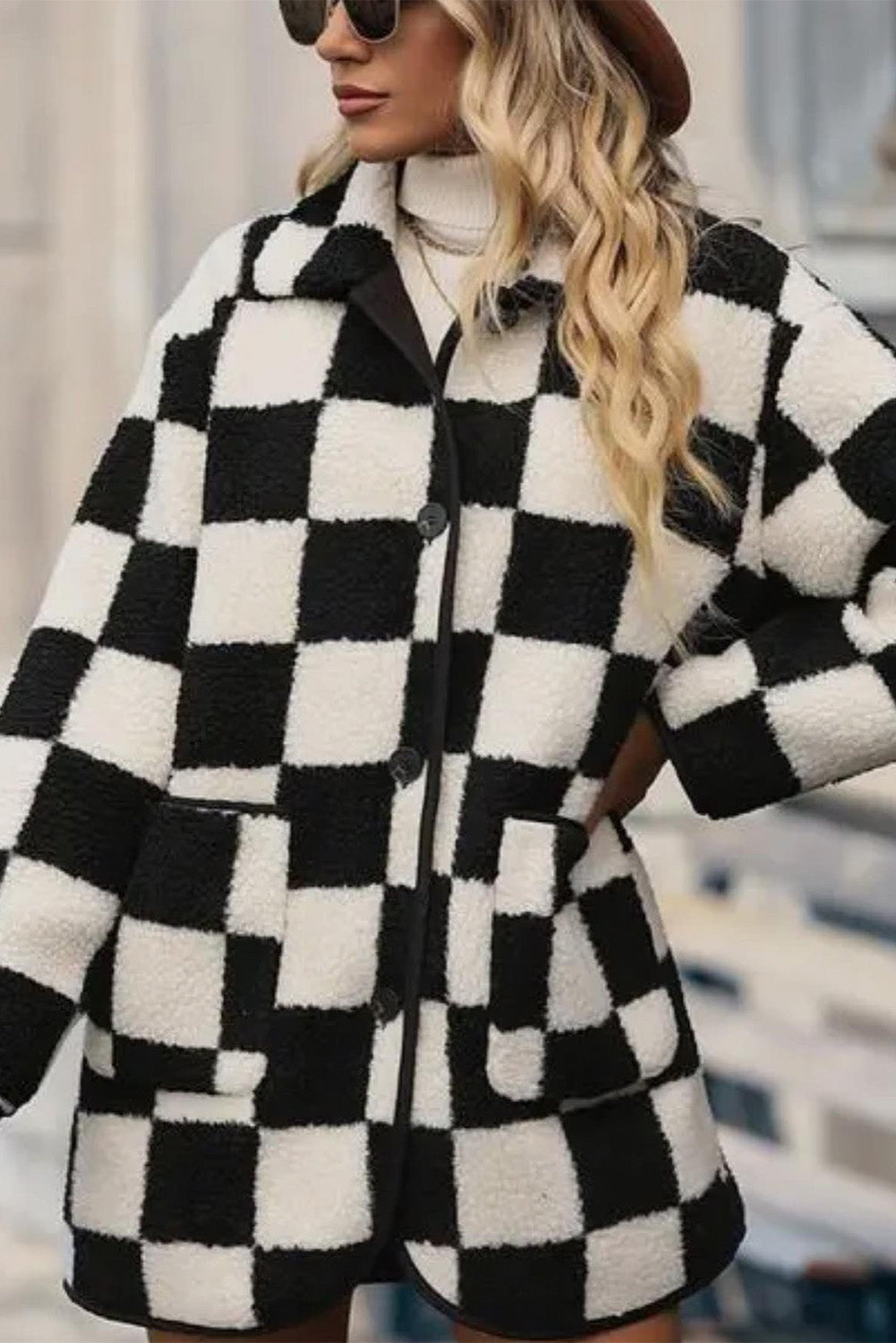 Black Checkered Side Pockets Collared Buttoned Fleece Jacket eAura