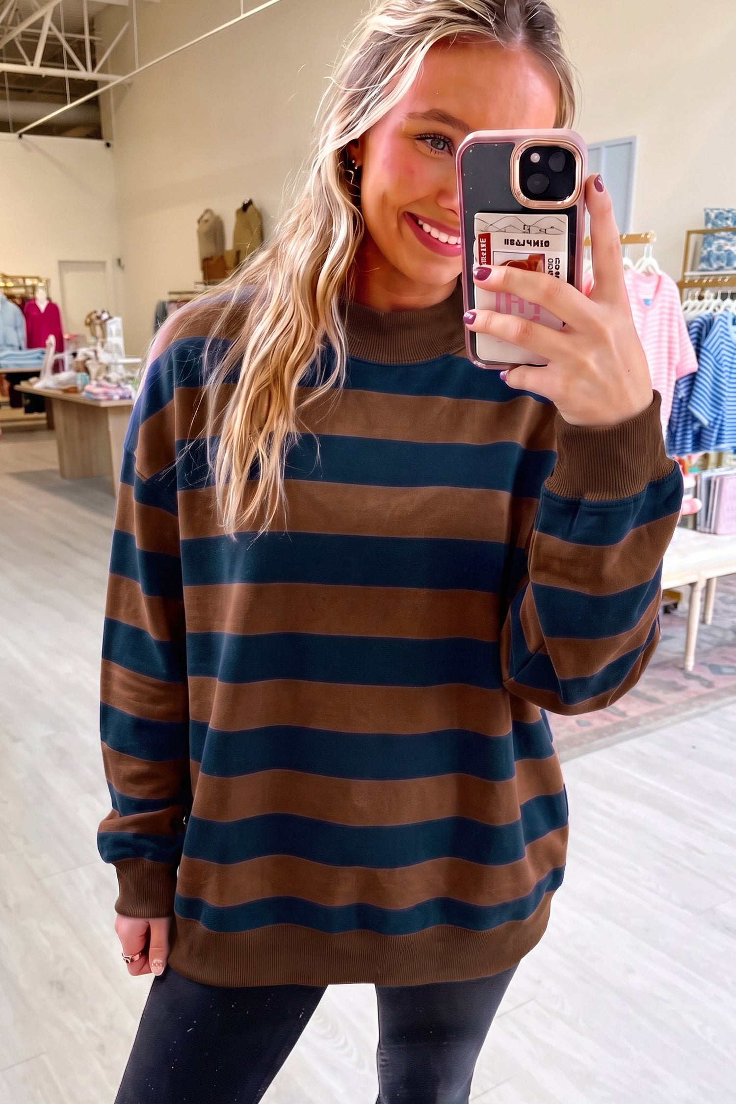 Colorblock Mock Neck Relaxed Sweatshirt – Brown Stripe