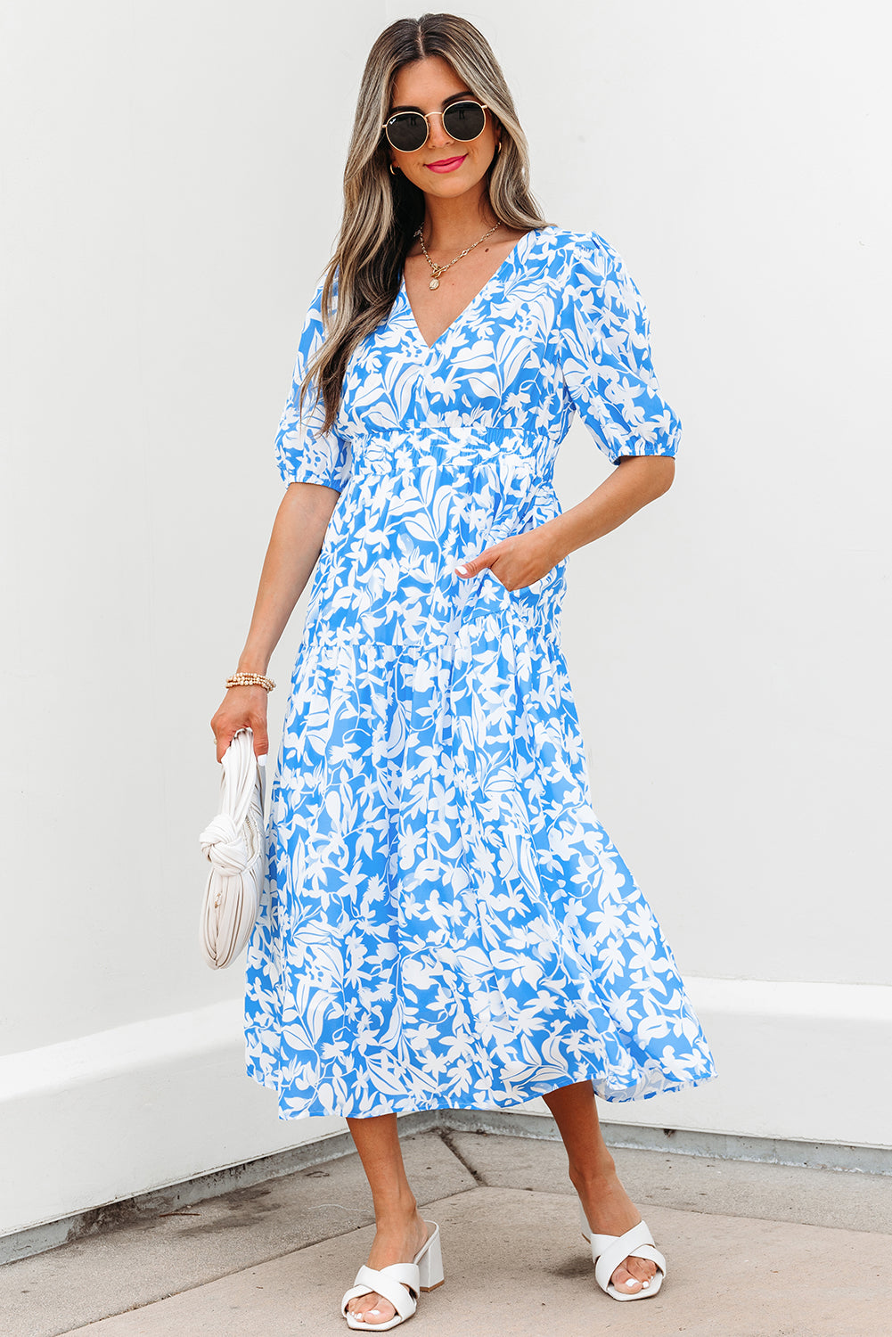 Sky Blue Floral V Neck Puff Short Sleeve Flowy Long Dress eAura