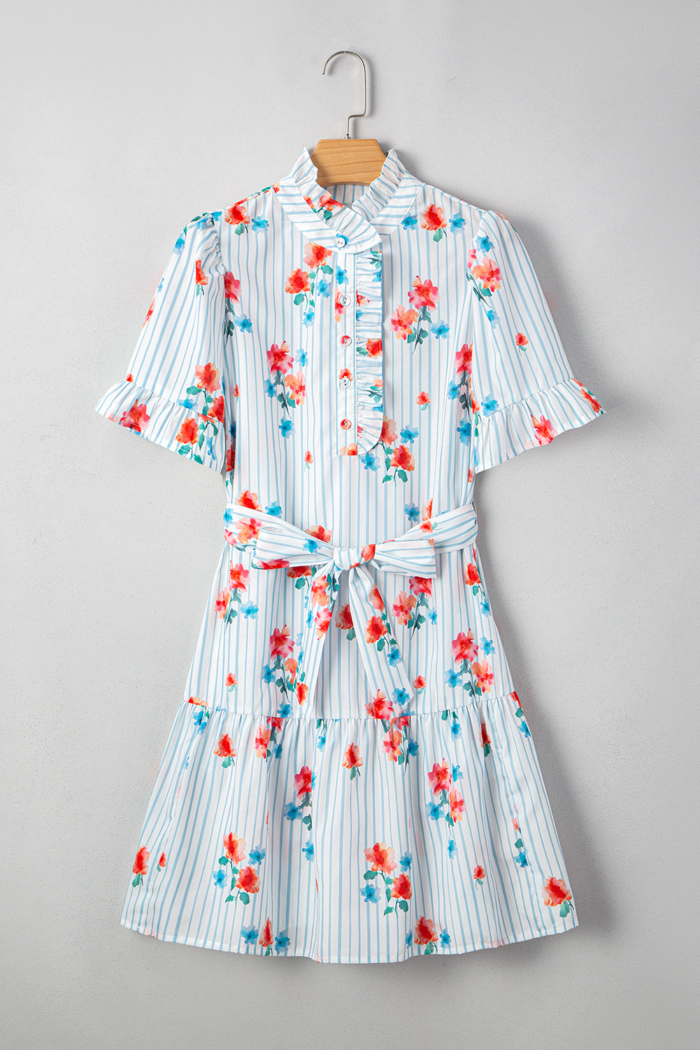 Sky Blue Stripe Floral Pattern Ruffle Short Sleeve Belted Mini Dress eAura