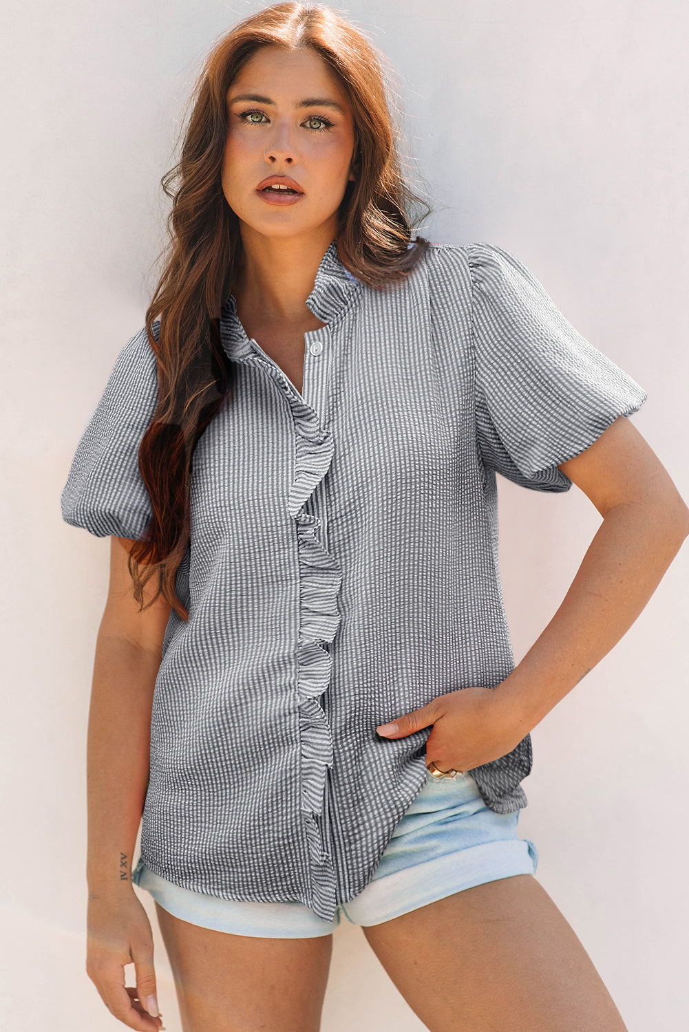 Striped Ruffle Short Bubble Sleeve Shirt eAura