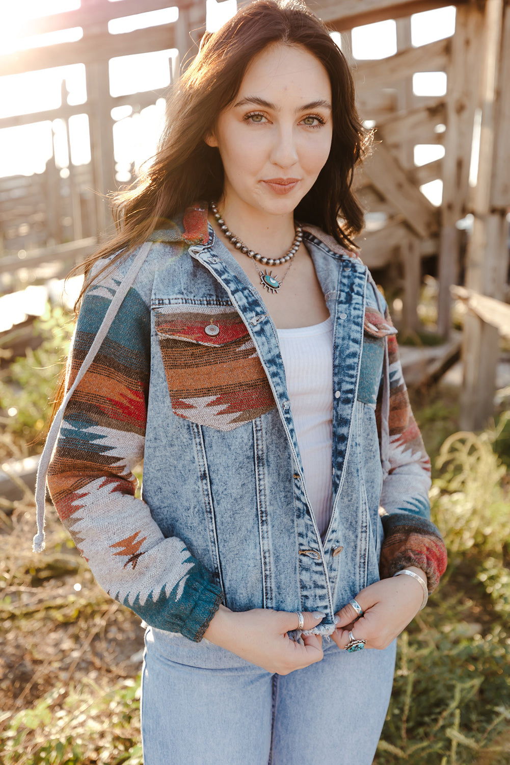 Multicolour Aztec Print Frayed Hem Denim Jacket eAura