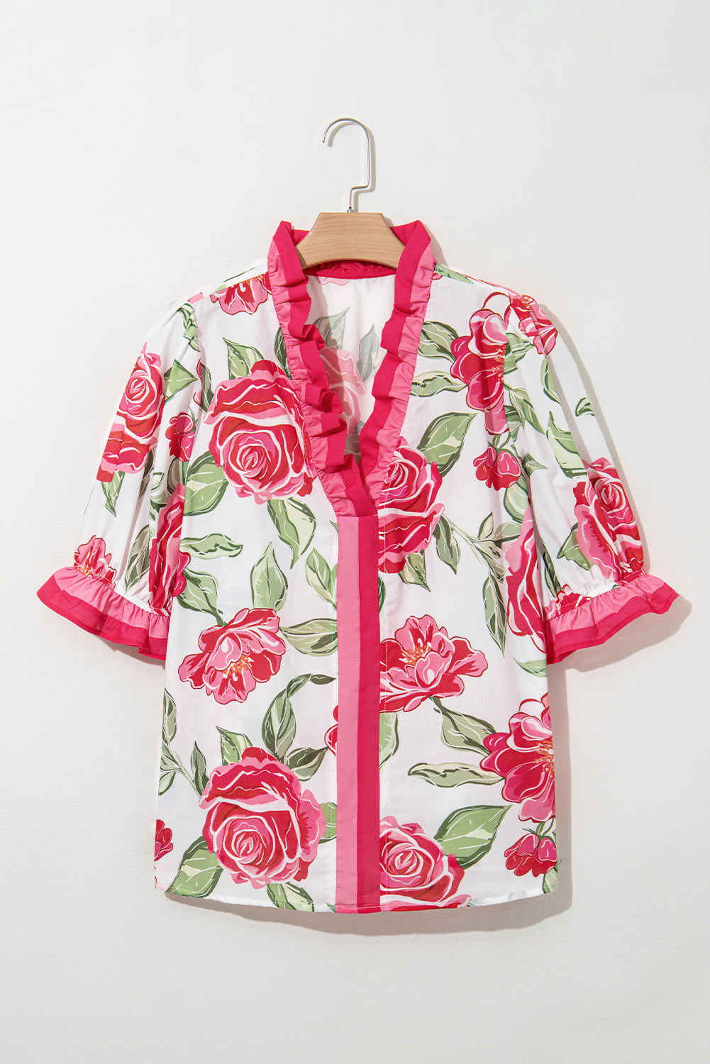 Plus Size Floral Print Frilled Stripe Short Sleeve Blouse – Rose