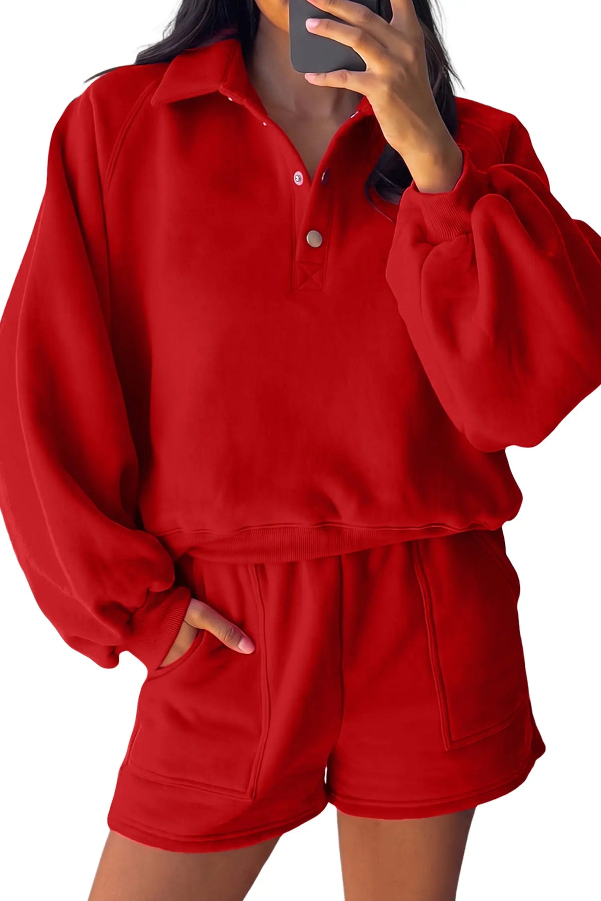 Fiery Red Half Button Puff Sleeve Relaxed Pullover and Shorts 2pcs Outfit