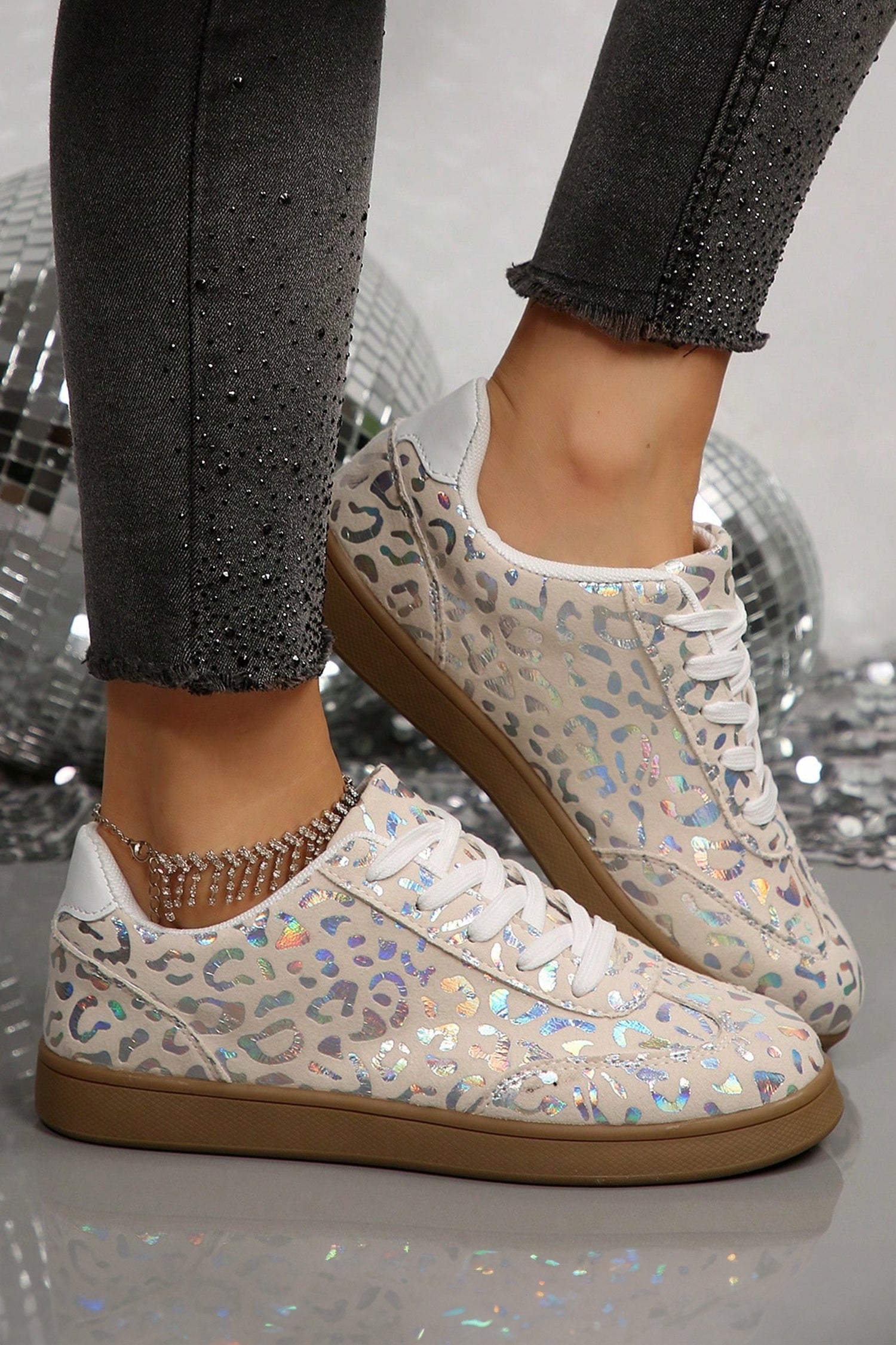 Leopard Print Lace-Up Trainers – White