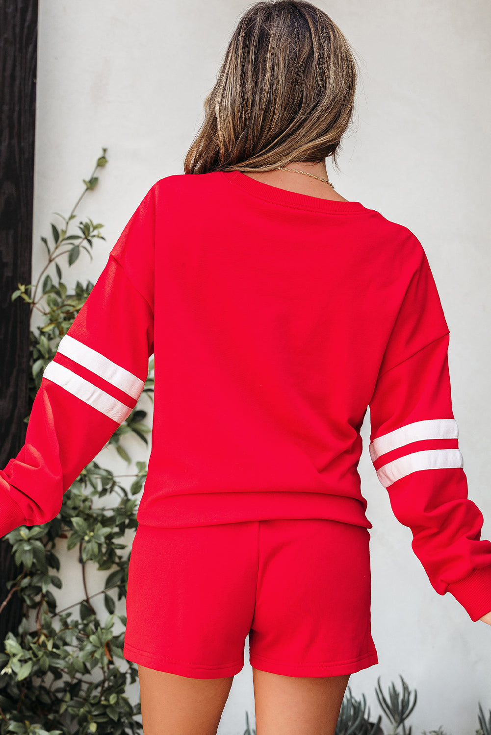 Varsity Striped Sleeve Drop Shoulder Sweatshirt and Shorts Co-ord Set eAura