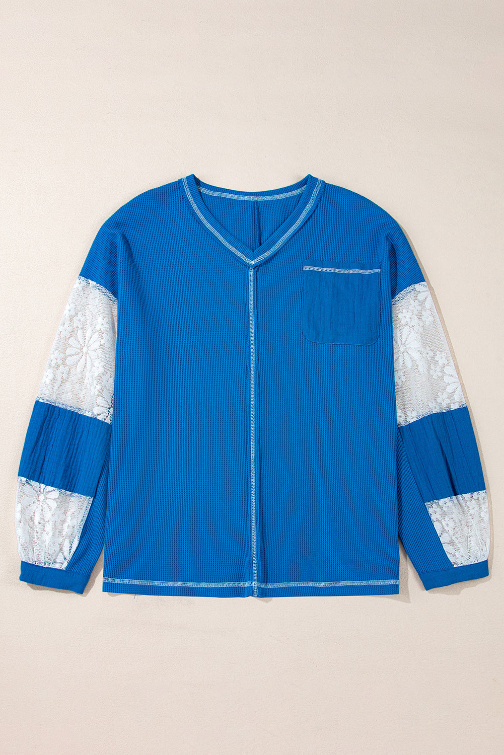 Lace Floral Patchwork Sleeve V-Neck Rib Knit Top – Blue