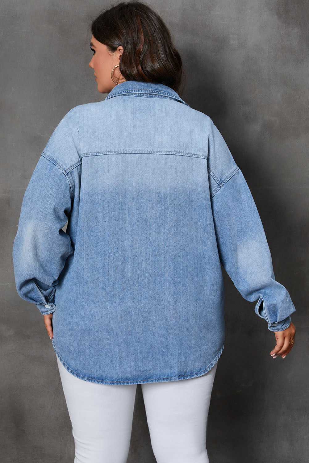 Sky Blue Plus Size Chest Pocket Button-Up Denim Shacket BB Fashion Outlet