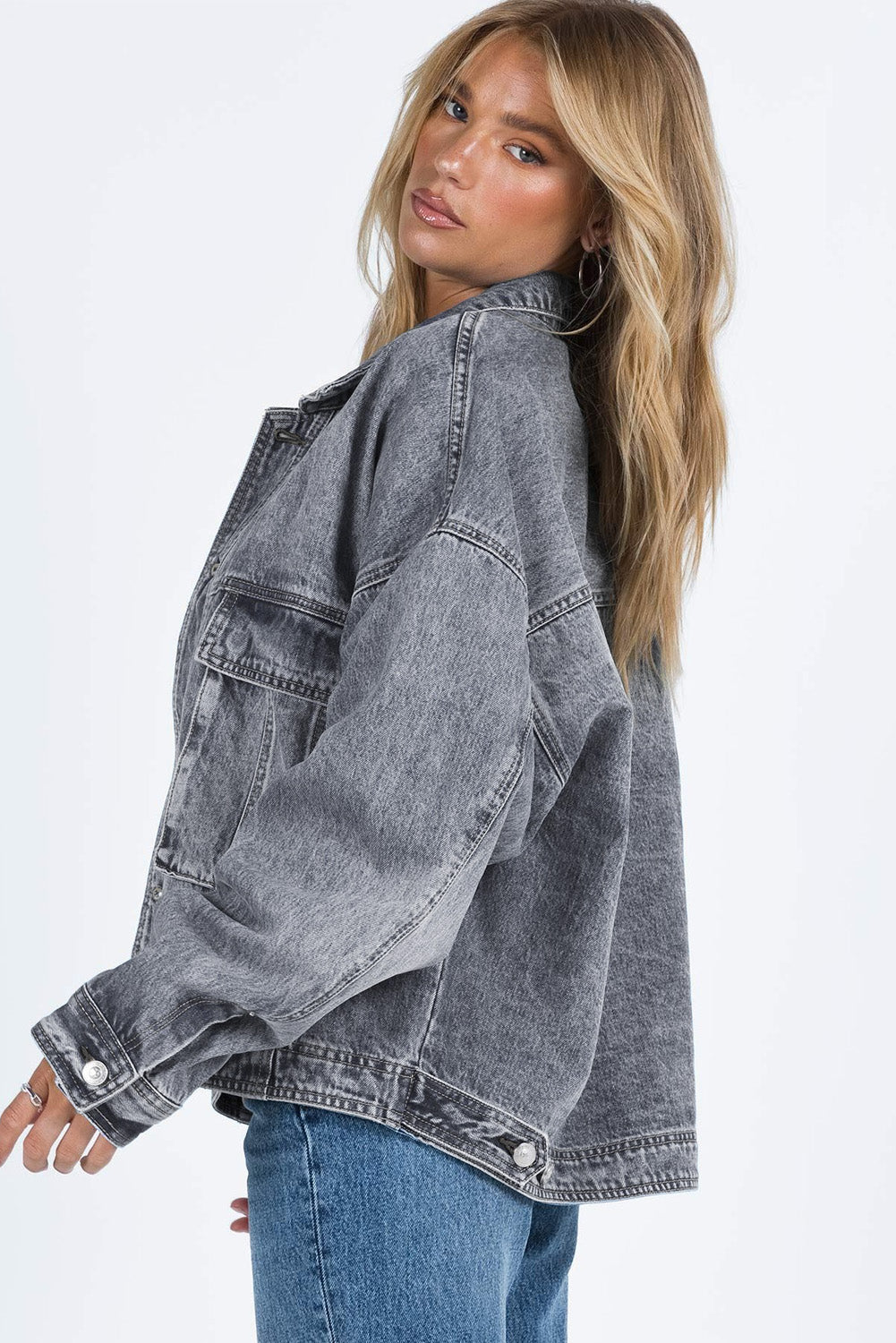 Grey Chest Pockets Drop Shoulder Loose Denim Jacket Beagle Boutique Fashion Outlet
