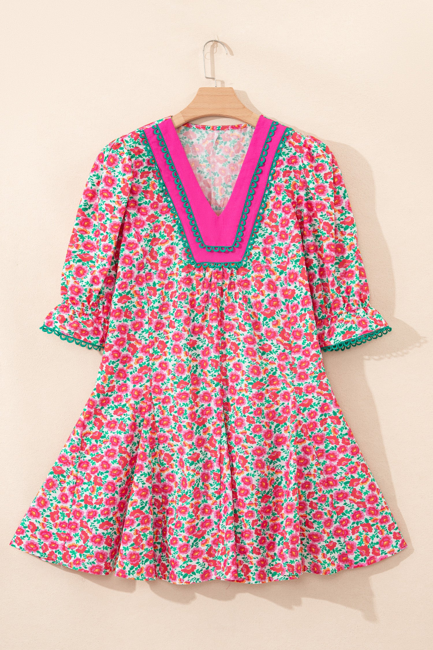 Pink Floral Print V-Neck Patchwork Short Bubble Sleeve Mini Dress