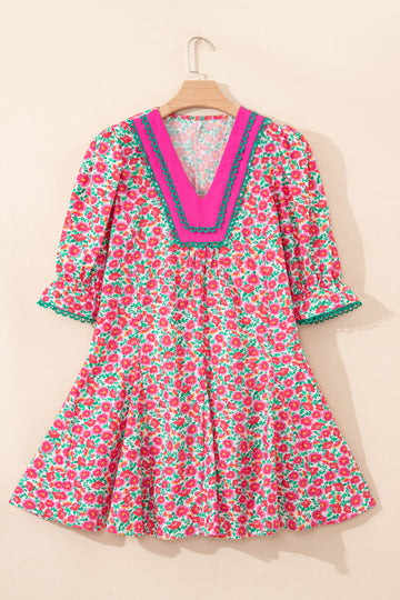 Pink Floral Print V-Neck Patchwork Short Bubble Sleeve Mini Dress