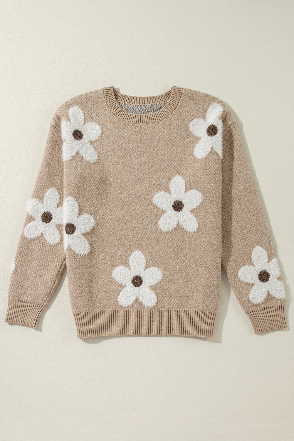 Parchment Flower Pattern Ribbed Trim Crew Neck Sweater eAura