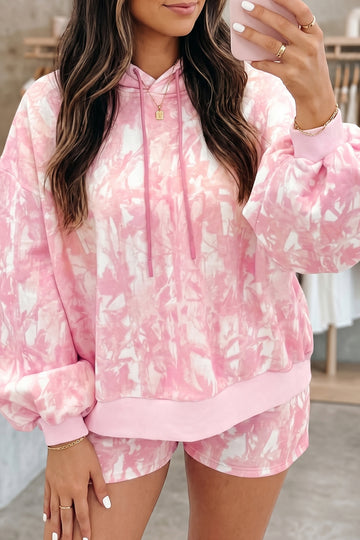 Abstract Print Loose Hoodie Slim Shorts 2pcs Set – Pink