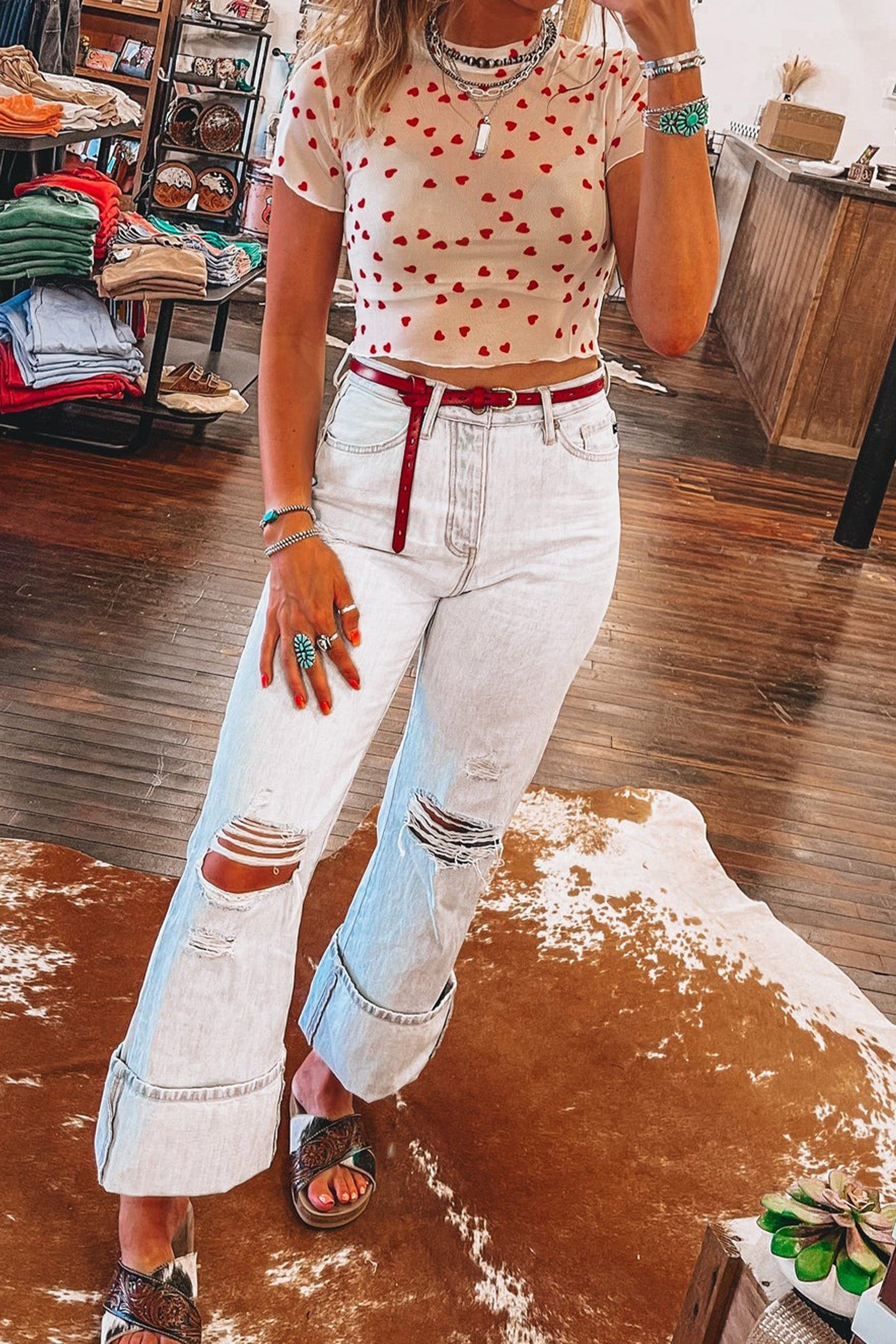 Heart Print Mesh Short Sleeve Cropped Top - Tops/Tops & Tees