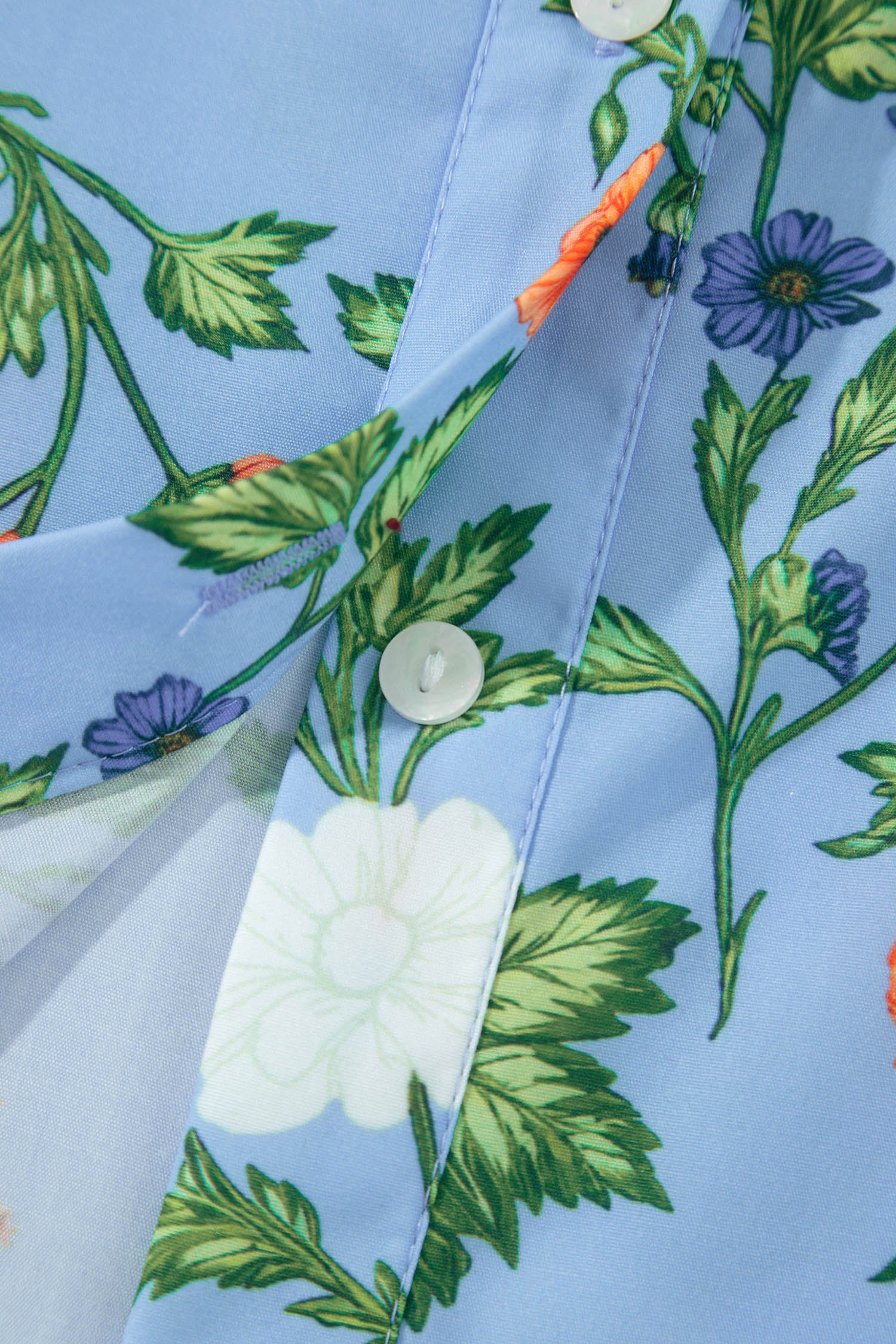 Sky Blue Floral Print Bracelet Sleeve Button Down Casual Shirt – Light Blue