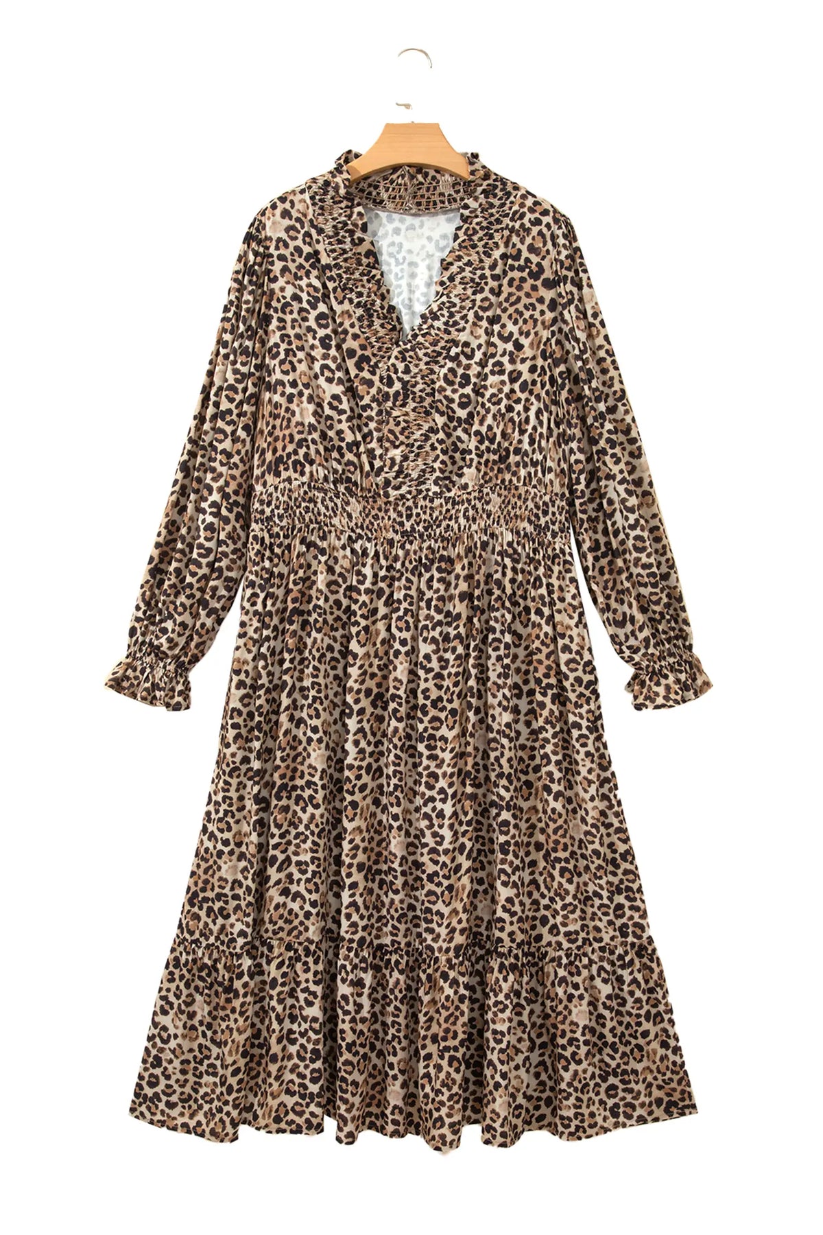 Leopard Print V Neck Long Sleeve Gathered Waist Plus Size Dress – Brown