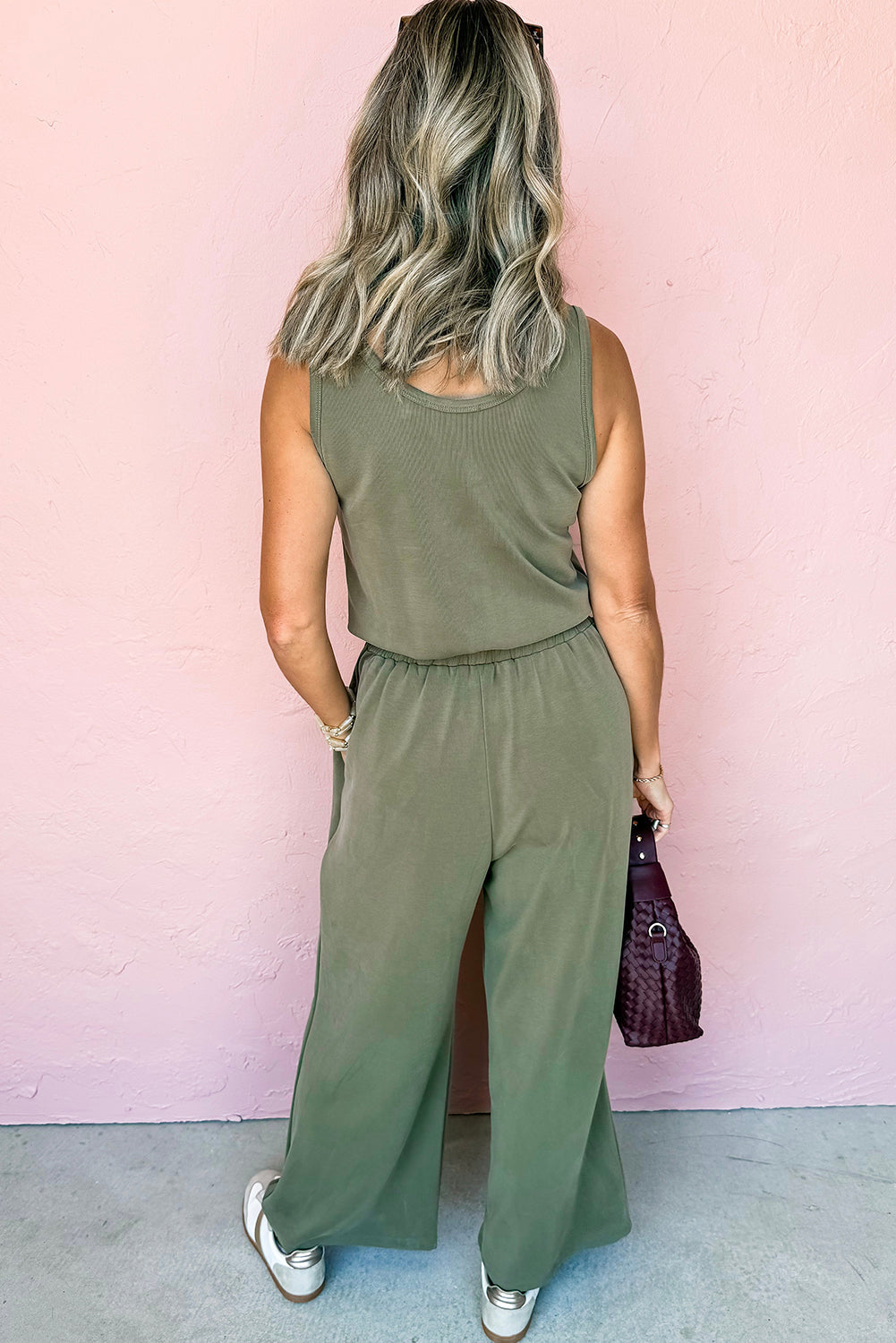 Vineyard Green Buttoned Drawstring Waist Sleeveless Wide Leg Jumpsuit eAura