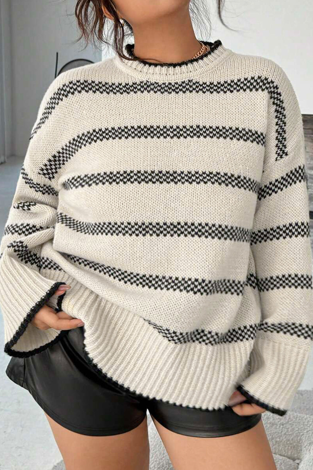 Stripe Wide Sleeve Drop Shoulder Plus Sweater - eAura