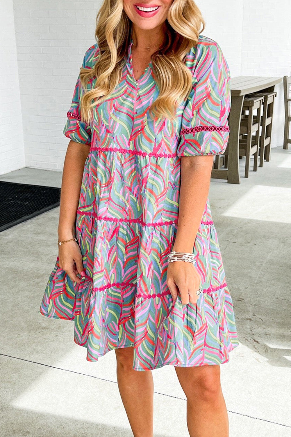 Light Blue Abstract Printed Ricrac Tiered Puff Sleeve Dress eAura