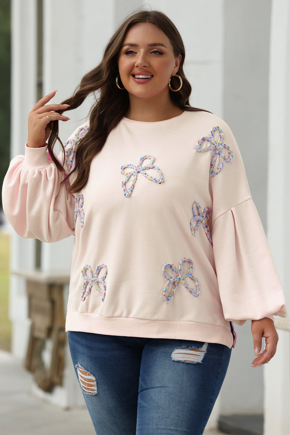 Parchment Embroidered Bow Lantern Sleeve Oversized Pullover Sweatshirt eAura