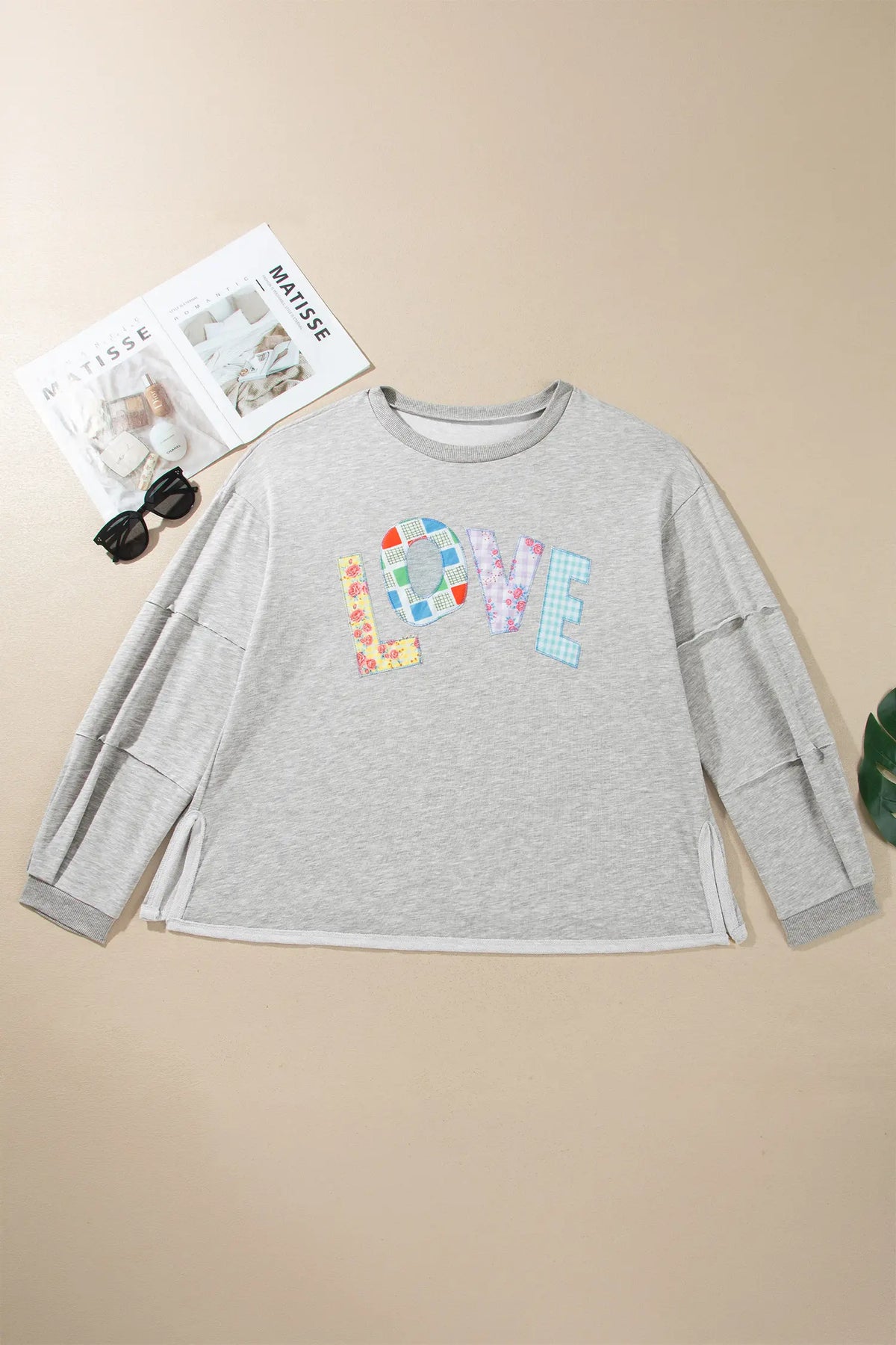 Long Sleeve Patch Embroidery Tunic Plus Size Blouse – Light Grey