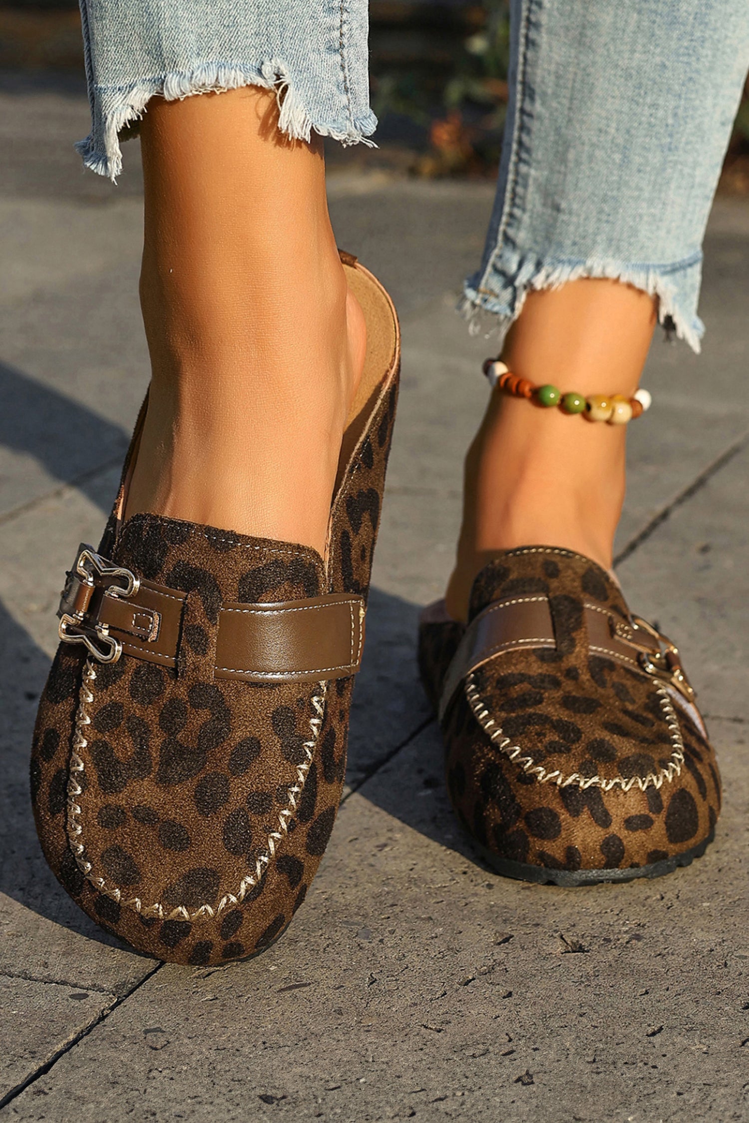 Coffee Faux Suede Buckle Strap Mule Sandals