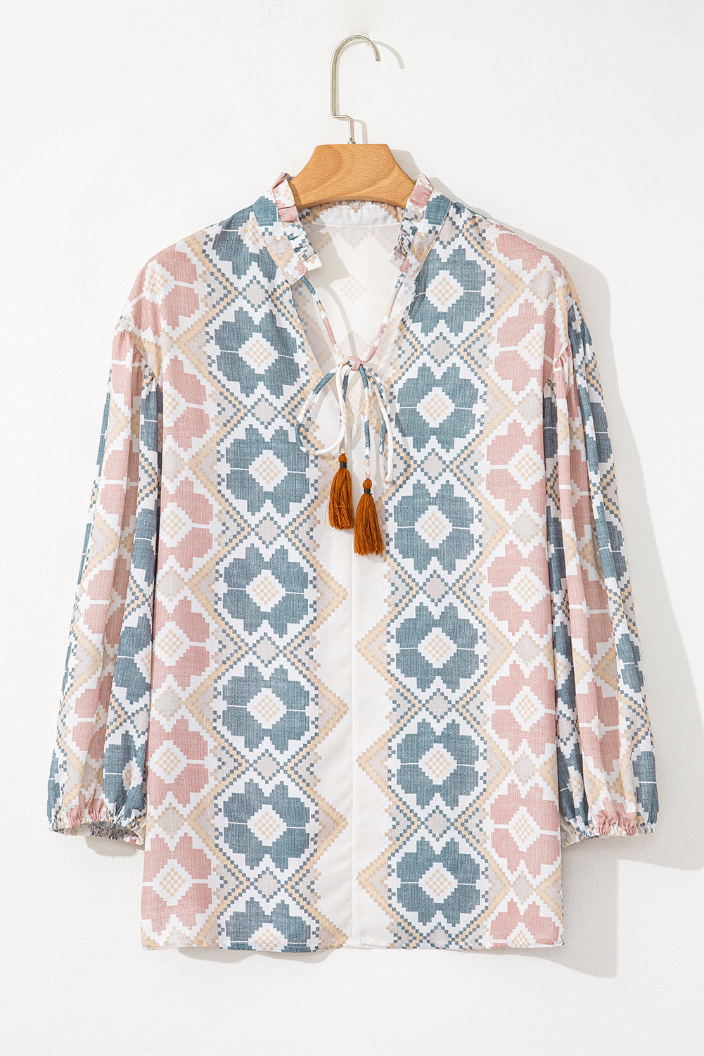 Khaki Geometric Print Tassel Tie Split Neck Balloon Sleeve Blouse eAura