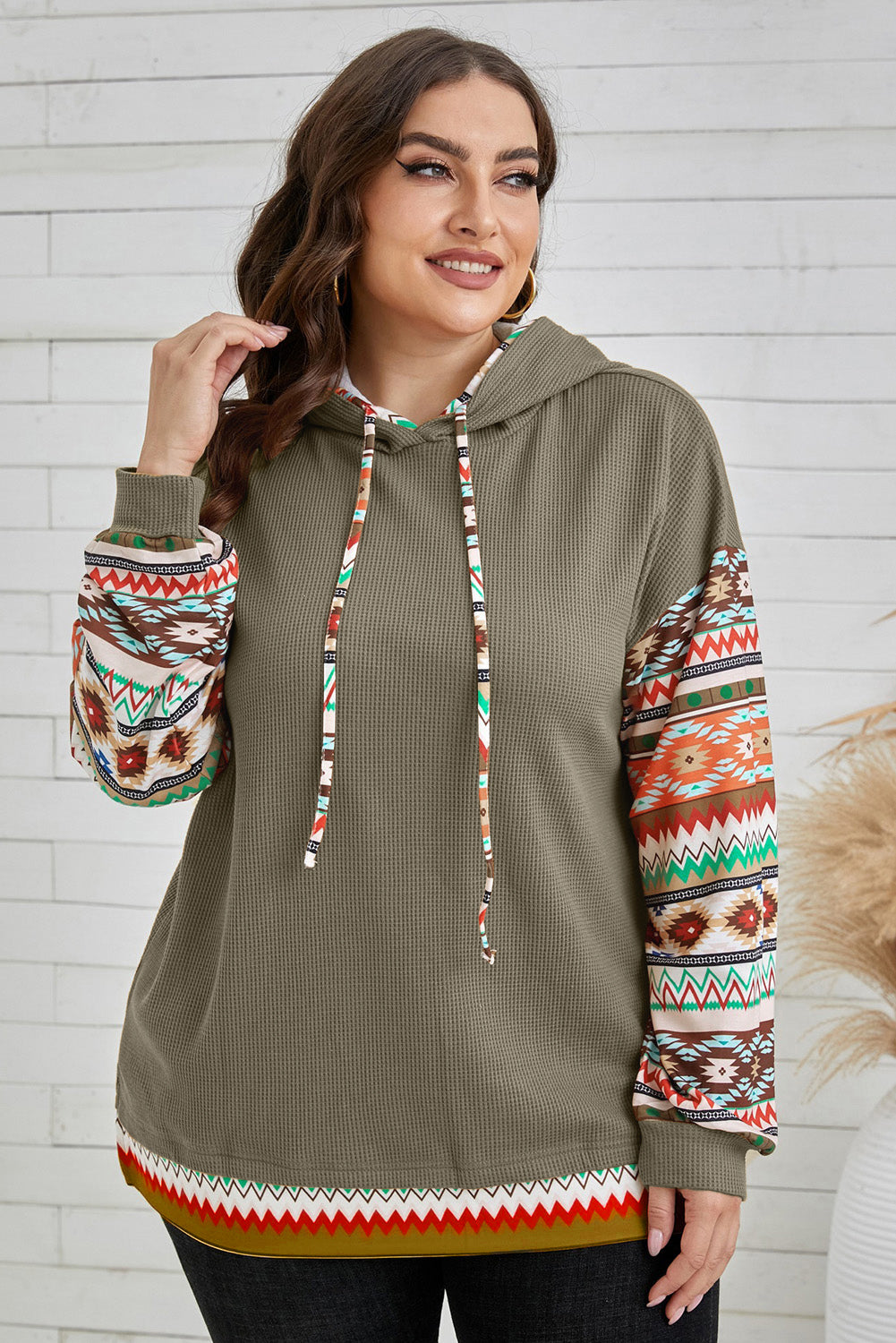 Jungle Green Aztec Patchwork Sleeve Waffle Drawstring Plus Hoodie BB Fashion Outlet