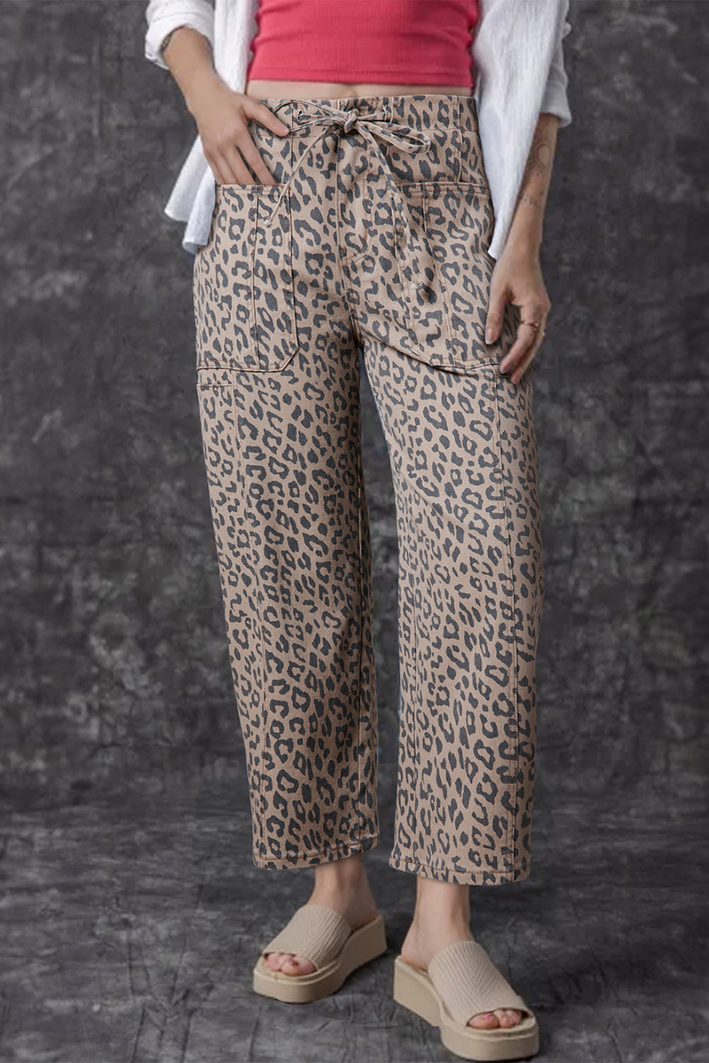 Leopard Printed Drawstring Elastic Waistband Pocketed Wide Leg Jeans - eAura
