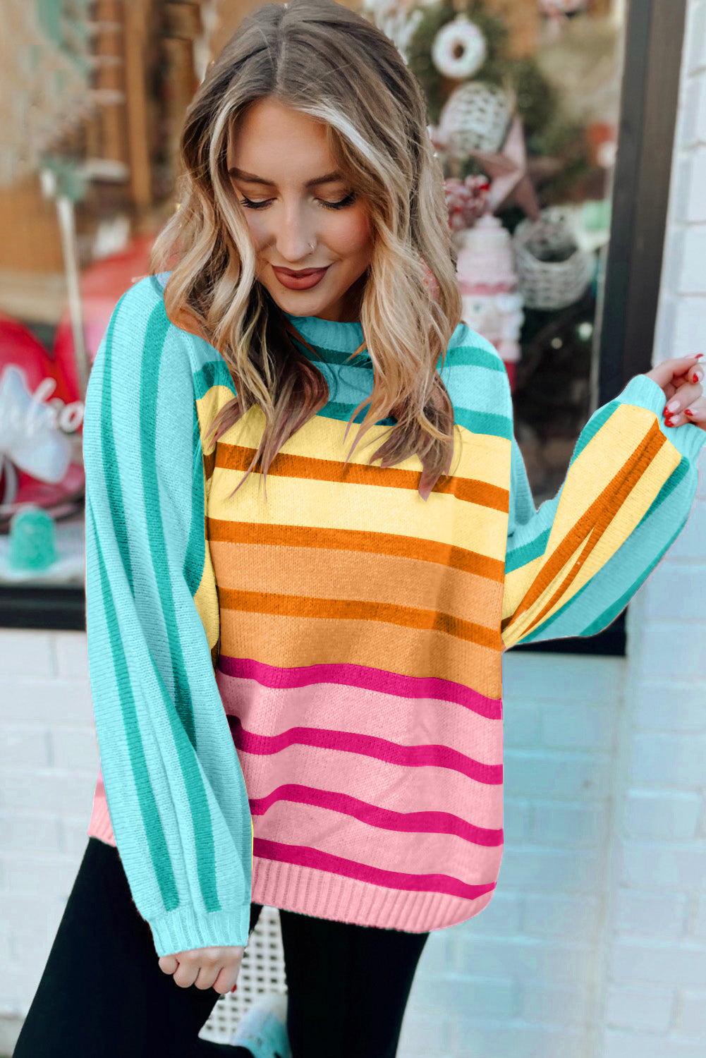 Yellow Stripe Gradient Striped Ribbed Edge Loose Sweater eAura