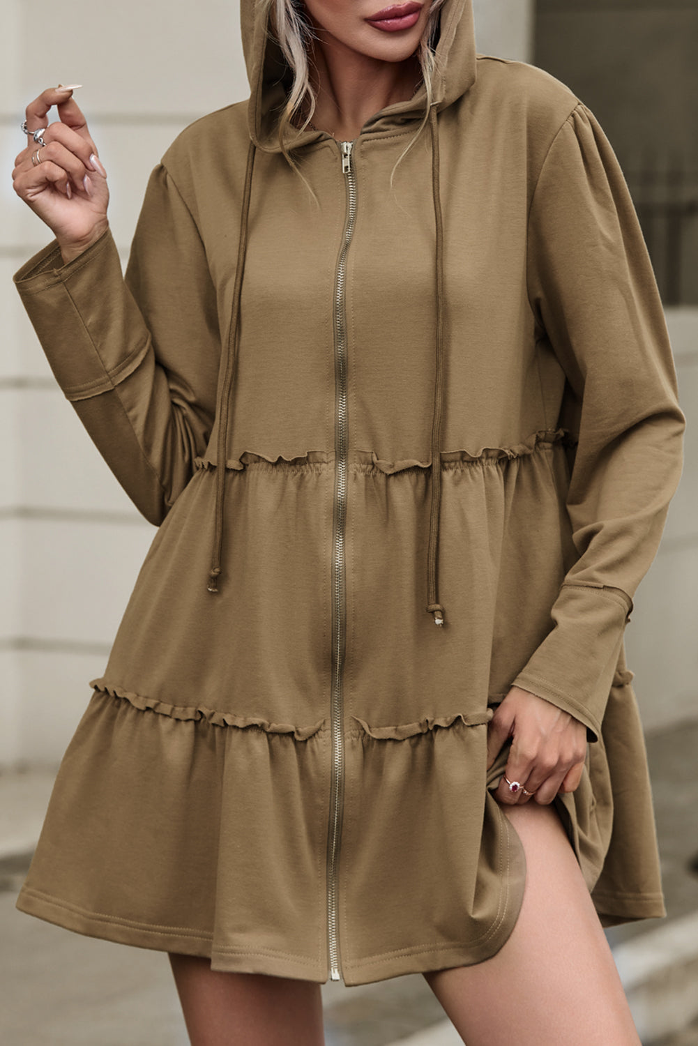 Khaki Tiered Ruffled Zip-Up Drawstring Hooded Jacket eAura