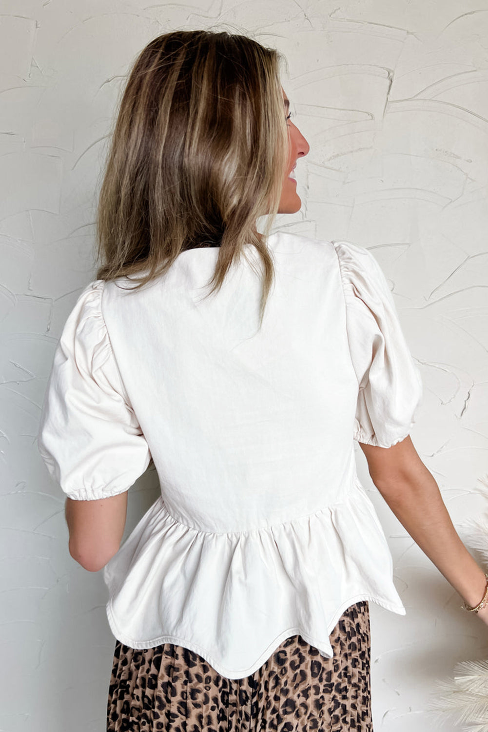 White Bow Knot Decor Square Neck Puff Sleeve Peplum Top eAura