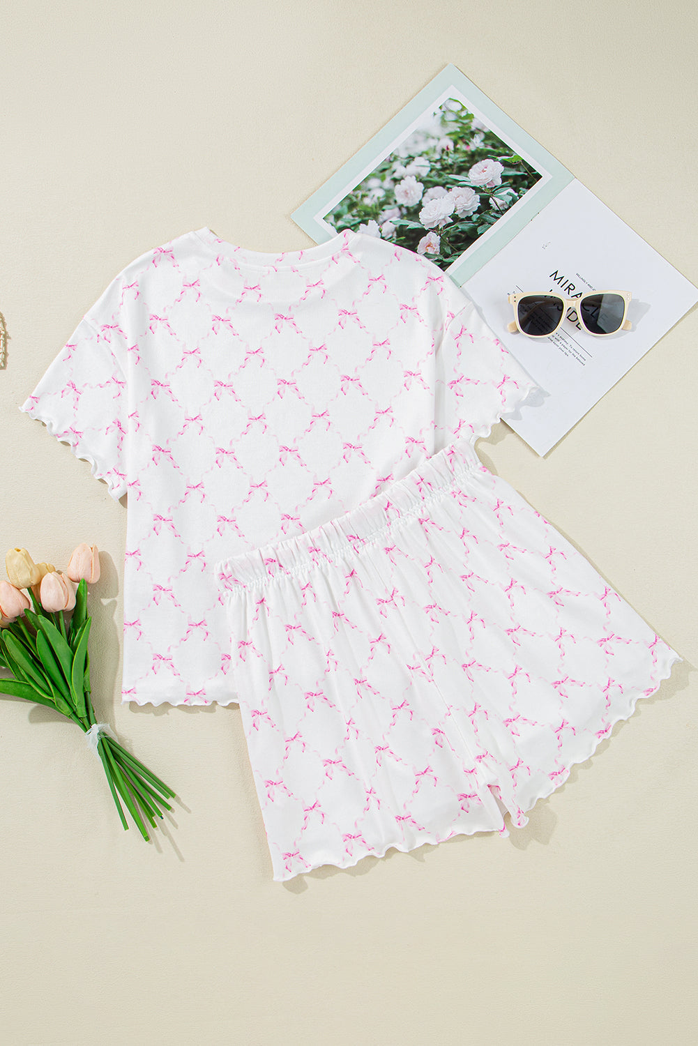 Pink Bow Knot Geometric Print Lettuce Trim Two Piece Pyjamas eAura