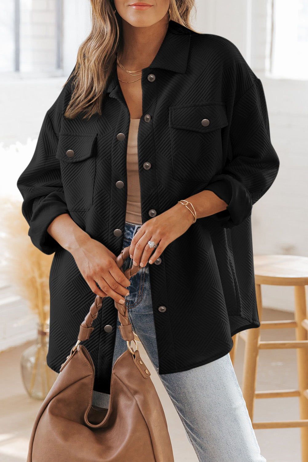 Black Solid Textured Flap Pocket Buttoned Shacket eAura