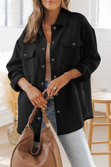 Black Solid Textured Flap Pocket Buttoned Shacket eAura